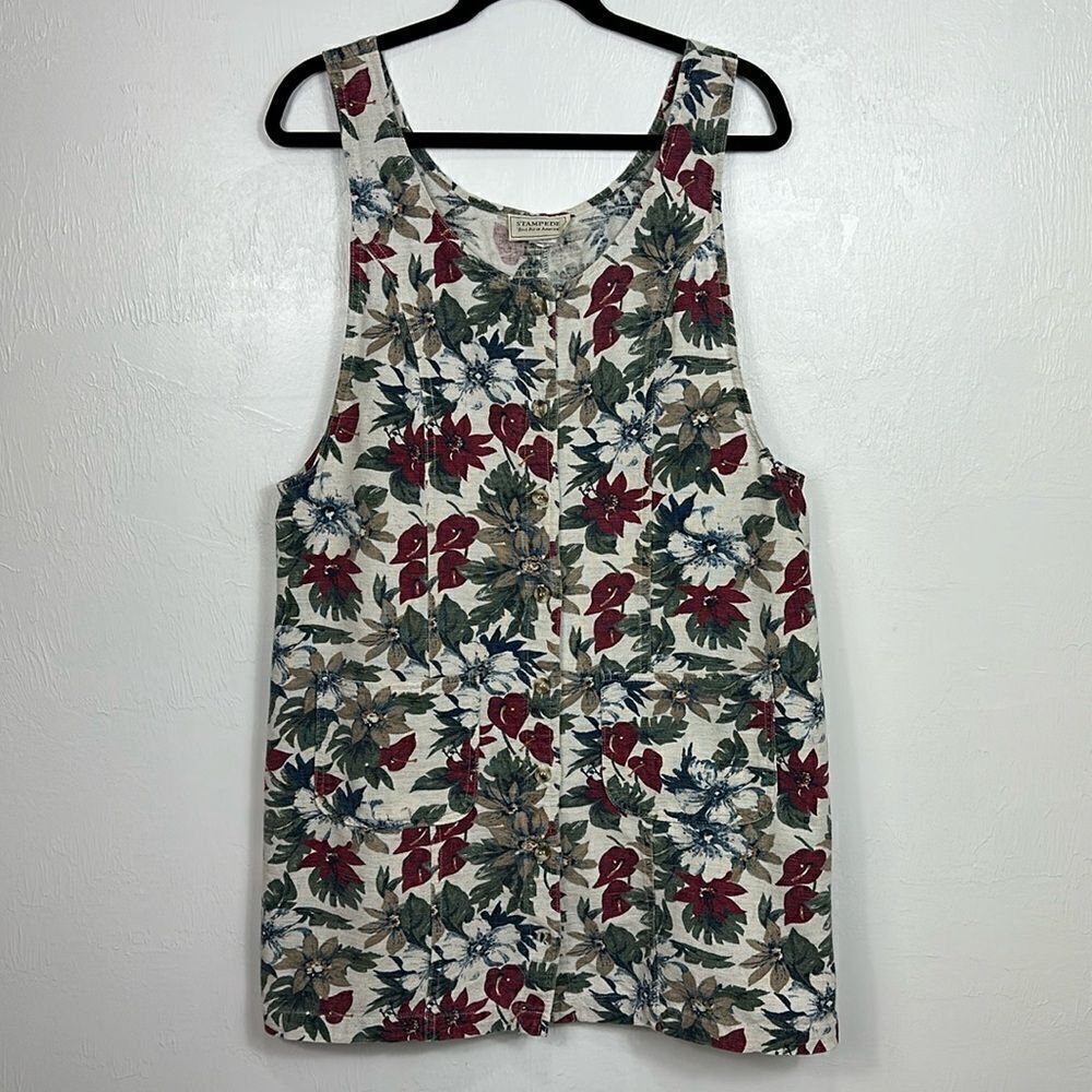 Stampede Vintage Floral Print Cotton Button Front Sleeveless Mini Dress Size M